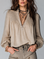 Vintage Pleated Collar Lace Trim Cotton  Linen Blouse