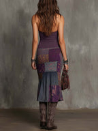 Retro Halter-Neck Knitted Floral Patchwork Midi Dress