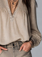 Vintage Pleated Collar Lace Trim Cotton  Linen Blouse