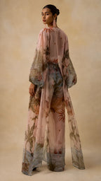 Boho Chic Tropical Print Pants Set - Asymmetric Cape & Wide Leg Pants Co-ord