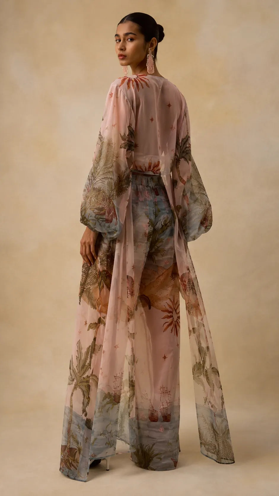 Boho Chic Tropical Print Pants Set - Asymmetric Cape & Wide Leg Pants Co-ord