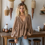 Women's Elegant Loose Comfortable Breathable Pleated Linen V-neck Puff Sleeve Top