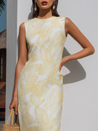 Tropical Island Vacation Yellow Banana Leaf Print Sleeveless Midi Dress