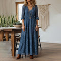 Women's Spring/Summer Bohemian-Style Navy Blue Water-Soluble Lace Dress — V-Neck, Button Accents, Long Sleeves