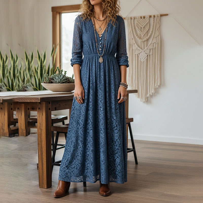 Women's Spring/Summer Bohemian-Style Navy Blue Water-Soluble Lace Dress — V-Neck, Button Accents, Long Sleeves