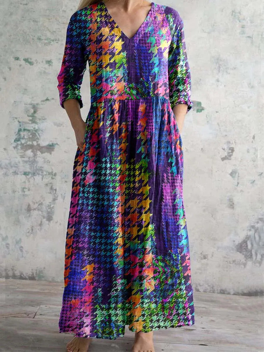Damen V-Ausschnitt Regenbogen Hahnentritt-Muster Baumwoll-Leinen-Kleid mit Taschen