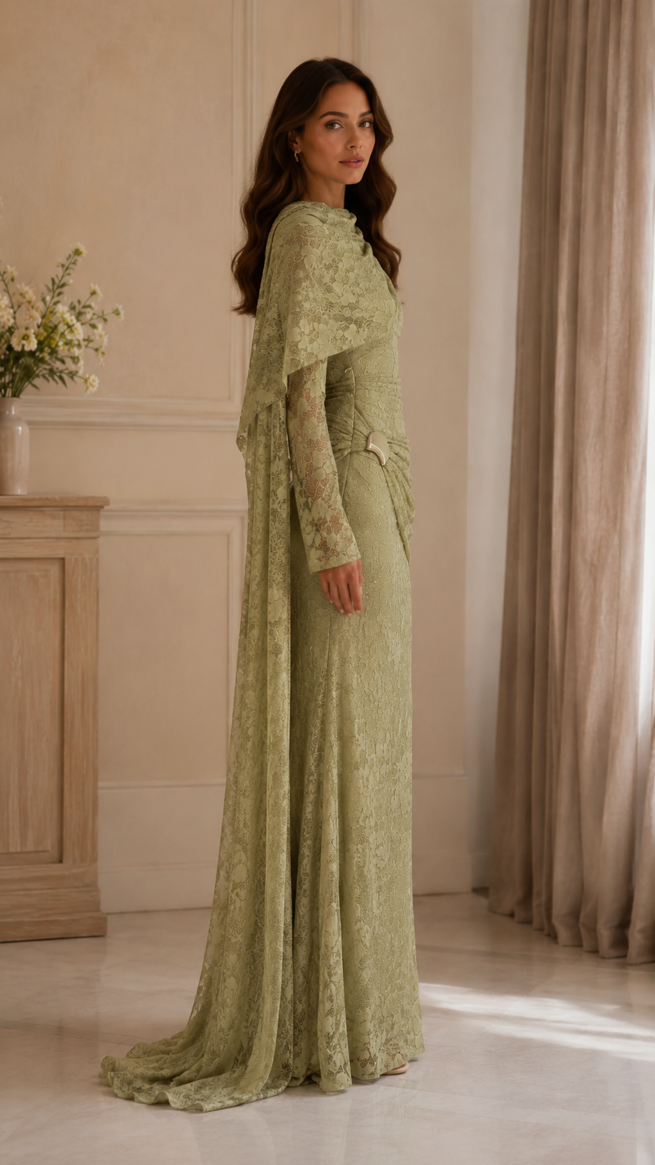 Lace Draped Cape Sleeve Maxi Evening Dress