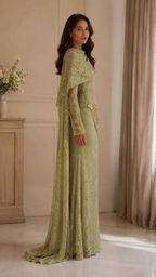 Lace Draped Cape Sleeve Maxi Evening Dress