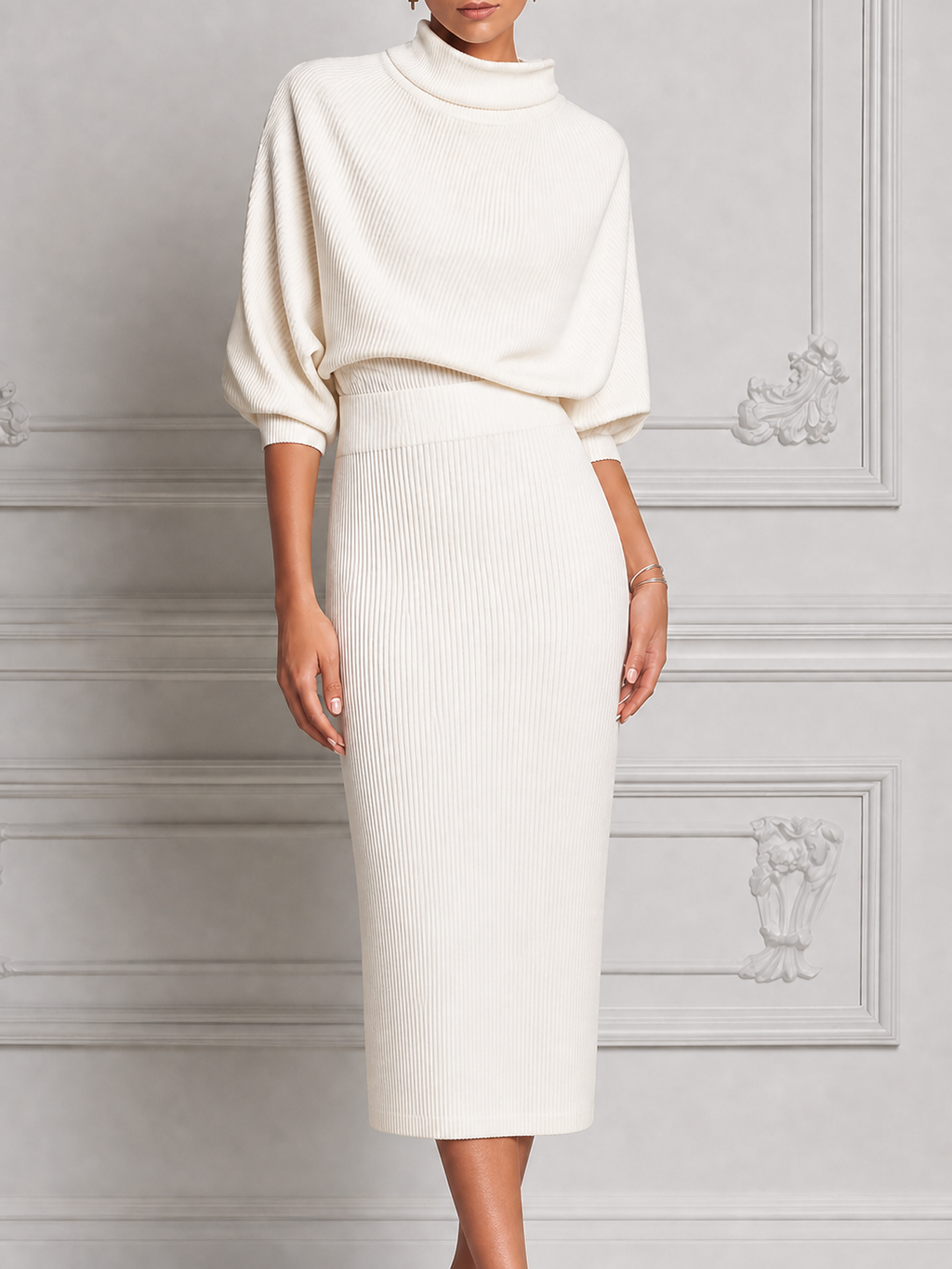 White Dress Stockholm Style Ribbed Knit Turtleneck Pencil Midi Dress