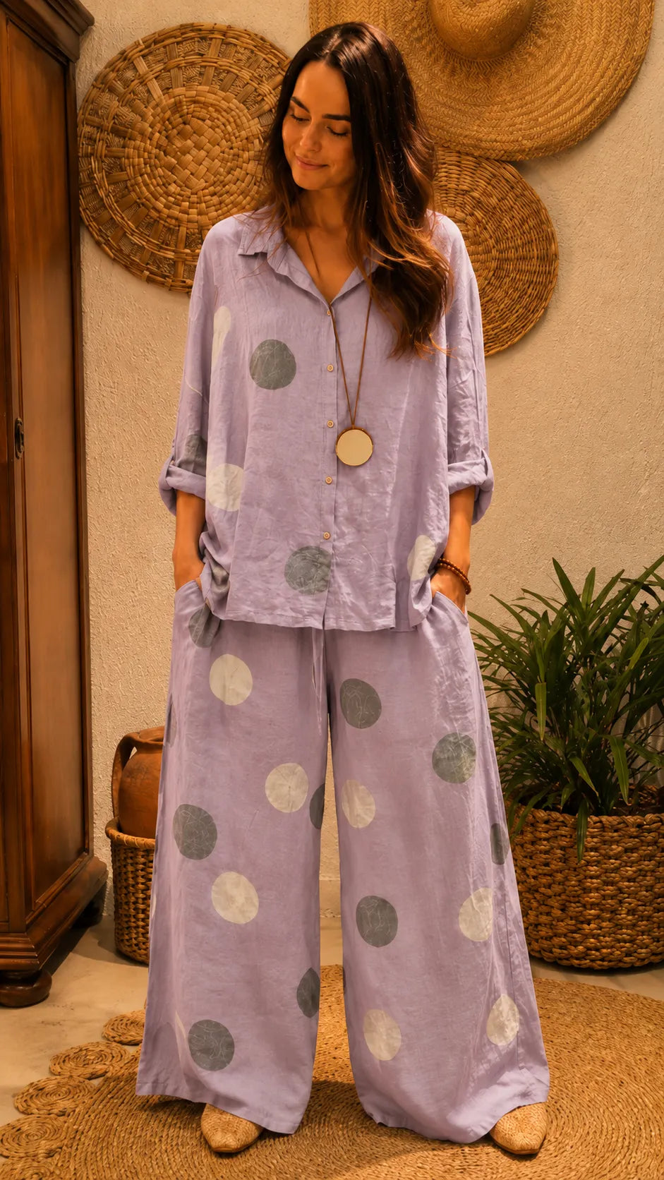 Washed Polka Dot Linen Blend Set - Oversized Button-Up Shirt & High-Waisted Wide Leg Pants Co-ord