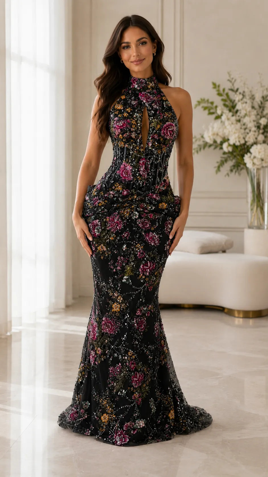 Floral Sequin Halter Mermaid Maxi Gown