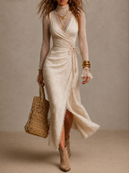 Natural Linen Wrap-Front Ruched Midi Dress With Lace Trim