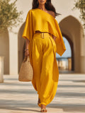 Tropical Beach Golden Yellow Linen Blend One Shoulder Crop Top Belted Wide Leg Two-Piece Set