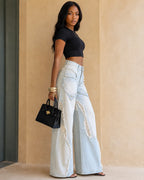 High-Waisted Distressed Denim Maxi Skirt with Corset Belt - Y2K Patchwork Design
