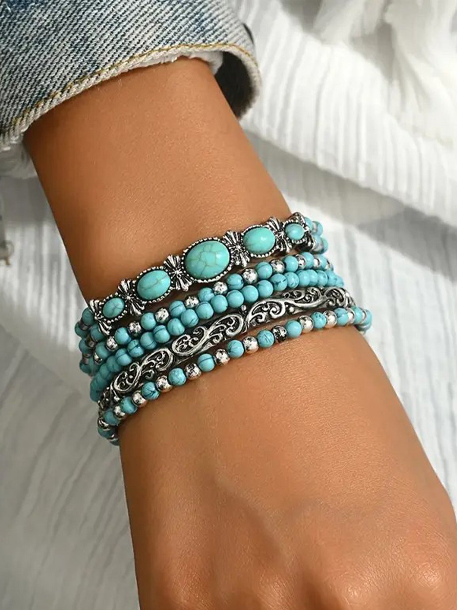 Ideal For Music Festivals — Vintage Silver & Turquoise Multi-Layer Beaded Stack & Heavy Sculpted Metal Detailing Premium Lightweight Alloy Boho Chic Bracelet Set