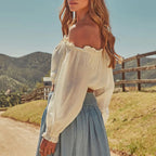 Western Spring Outfits Cotton Linen Off-Shoulder Crop Top With Ruffle Sleeve And Tie Front Detail