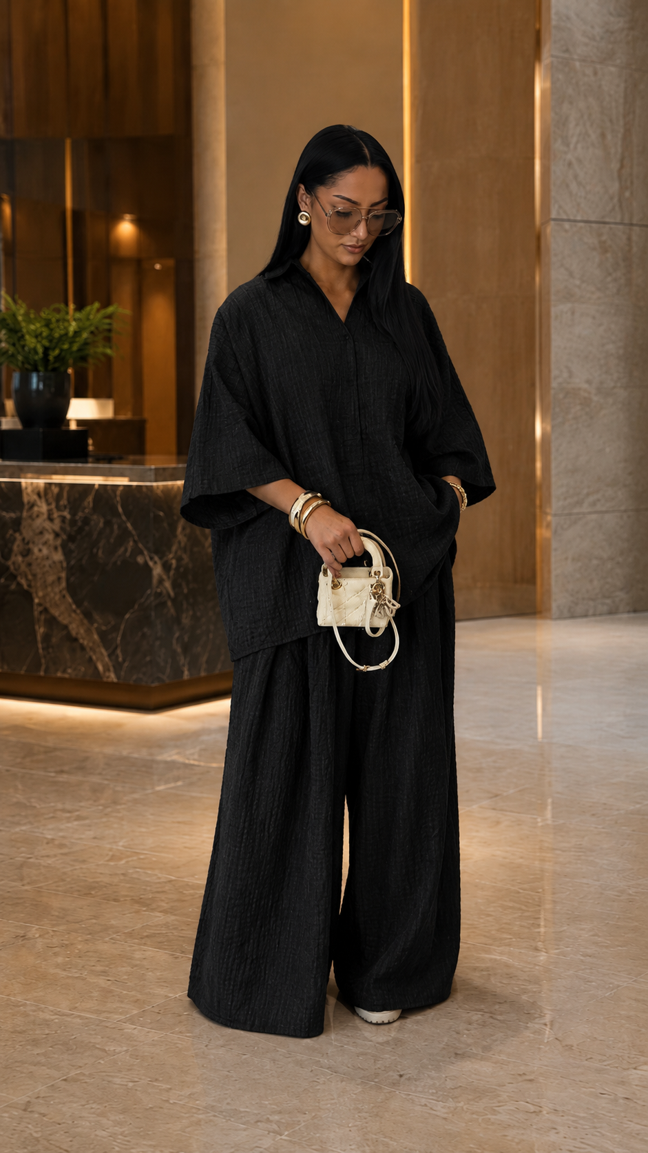 Textured Button-Up Cover-Up Set - Oversized Kimono Sleeve Top & Wide Leg Pants Co-ord