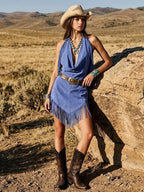 Faux Suede Fringe Dress With Halter Neckline And Deep V-Cut For Women