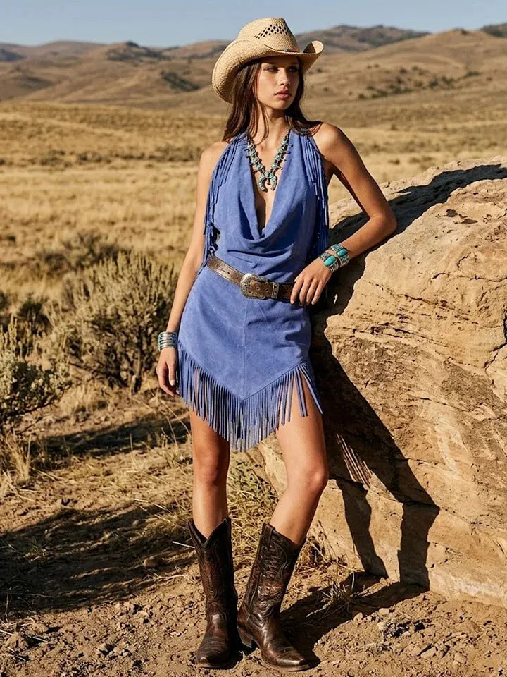 Faux Suede Fringe Dress With Halter Neckline And Deep V-Cut For Women