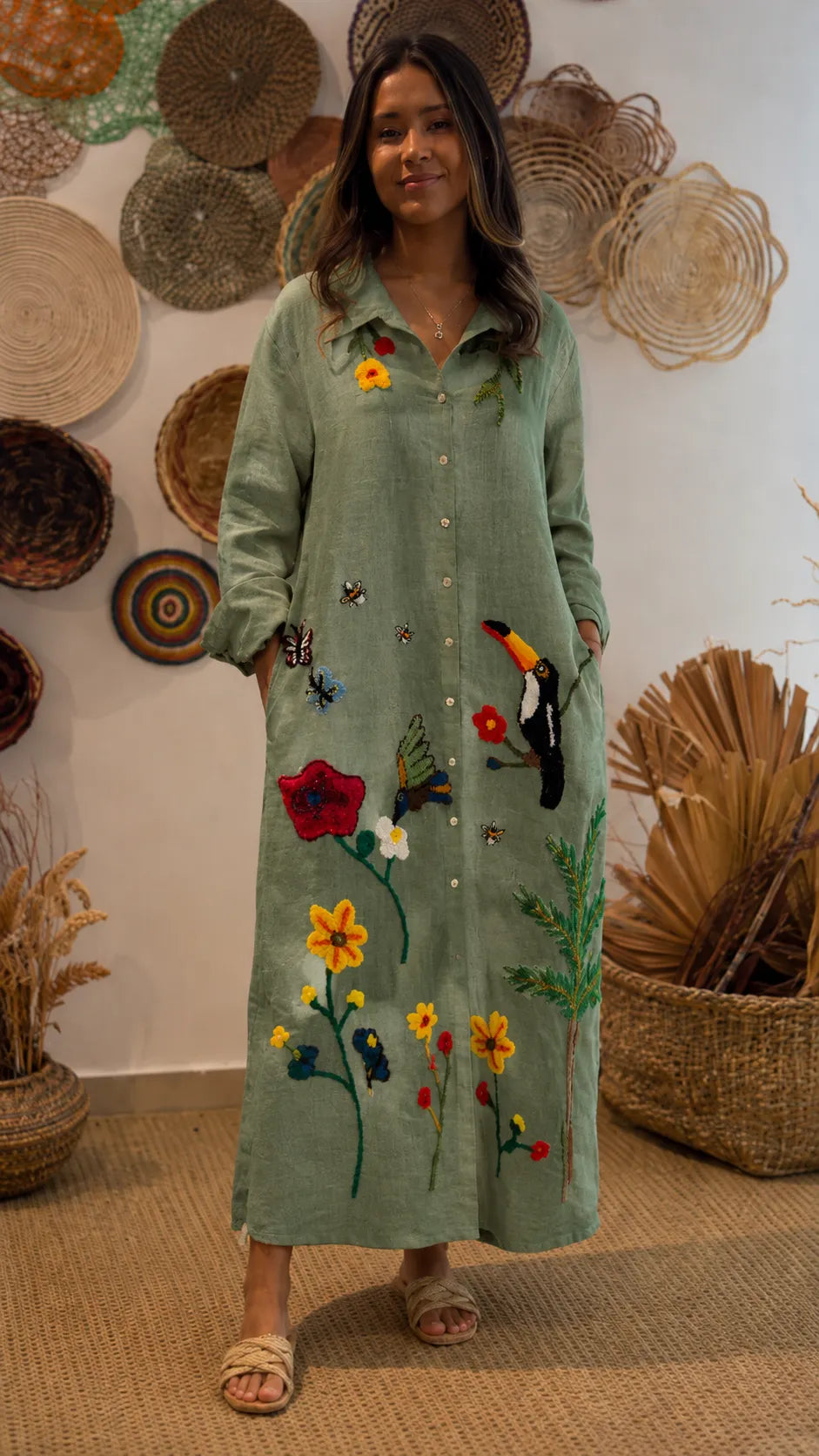 Boho Embroidered Oversized Shirt Dress - Long Sleeve Button Down Maxi Dress with Tropical Bird & Floral Print