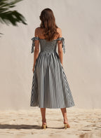 Casual Vacation Off-Shoulder Black White Striped Cotton Midi Dress