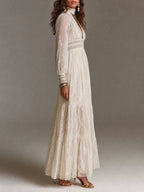 Boho High Neck Keyhole Cutout Smocked Waist Tiered Ruffle Lace Maxi Dress