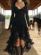 Western Black Lace High-Low Hem Long-Sleeved Dress