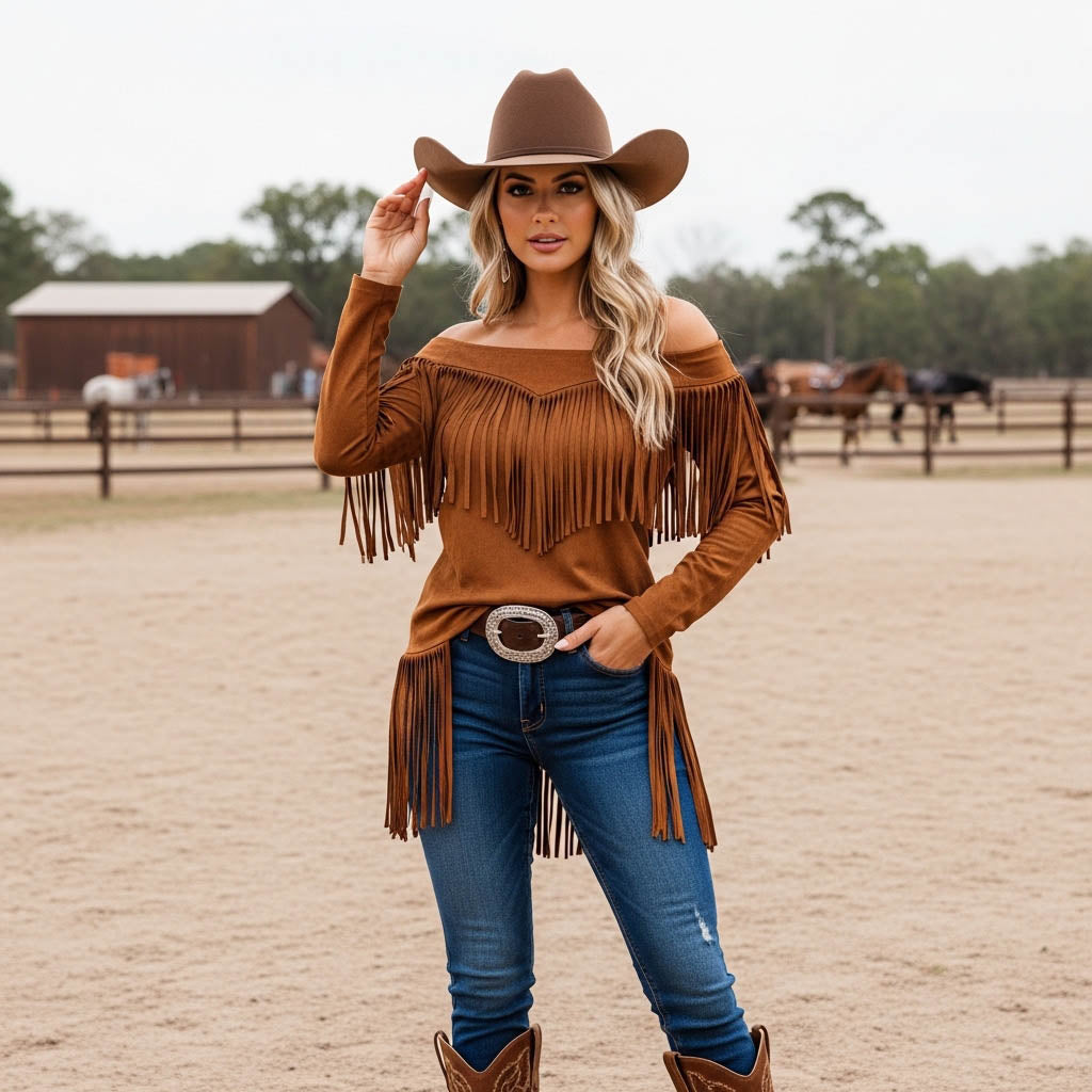 Women's Vintage Western Cowgirl Brown Tassel Suede Off-the-Shoulder Long-Sleeve T-Shirt