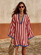 Retro Classic Color-blocked Striped V-neck Mini Dress