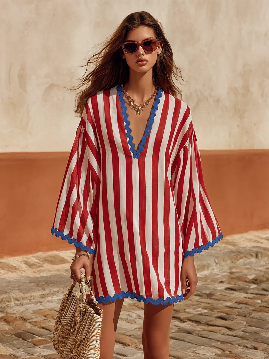 Retro Classic Color-blocked Striped V-neck Mini Dress