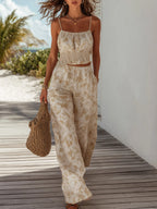 Boho Resort Beige Floral Chiffon Smocked Cami & Wide Leg Two-Piece Set