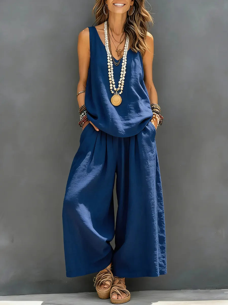 Women's Solid Color Casual Sleeveless Vest And Wide-leg Pants Cotton Linen Set