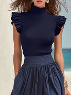 Coastal Chic Mock-Neck Cap-Sleeve Knit Top And Cotton Skirt Deep Sea Blue Set