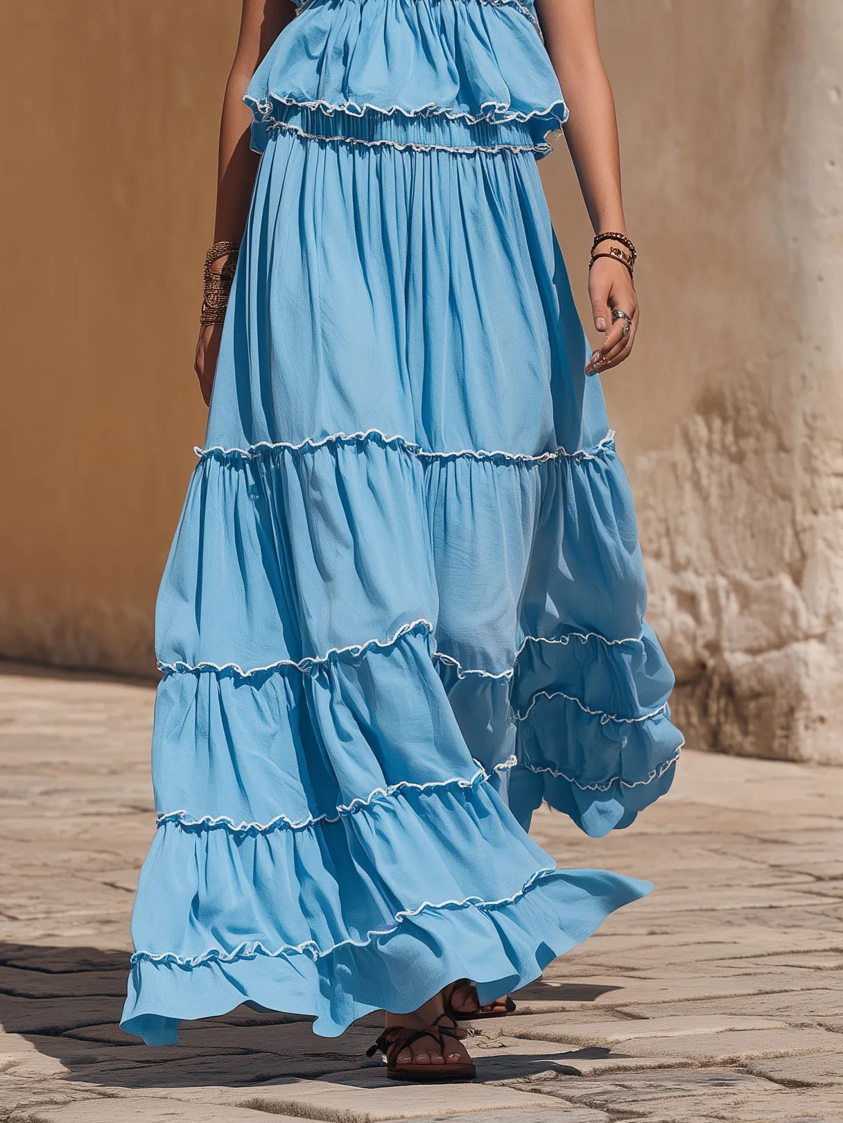 Capri Vibe Bright Blue Strapless Ruffle Tiered Top And Tiered Maxi Skirt Set