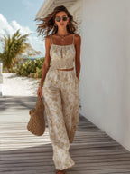 Boho Resort Beige Floral Chiffon Smocked Cami & Wide Leg Two-Piece Set