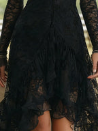Western Black Lace High-Low Hem Long-Sleeved Dress