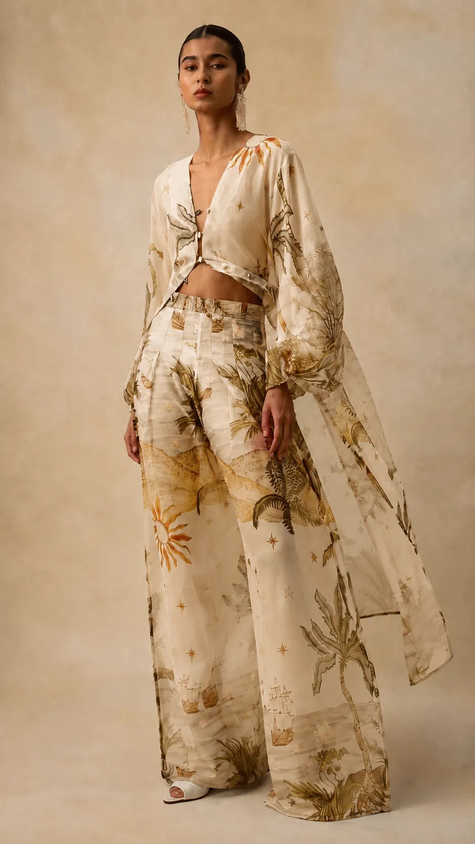 Boho Chic Tropical Print Pants Set - Asymmetric Cape & Wide Leg Pants Co-ord