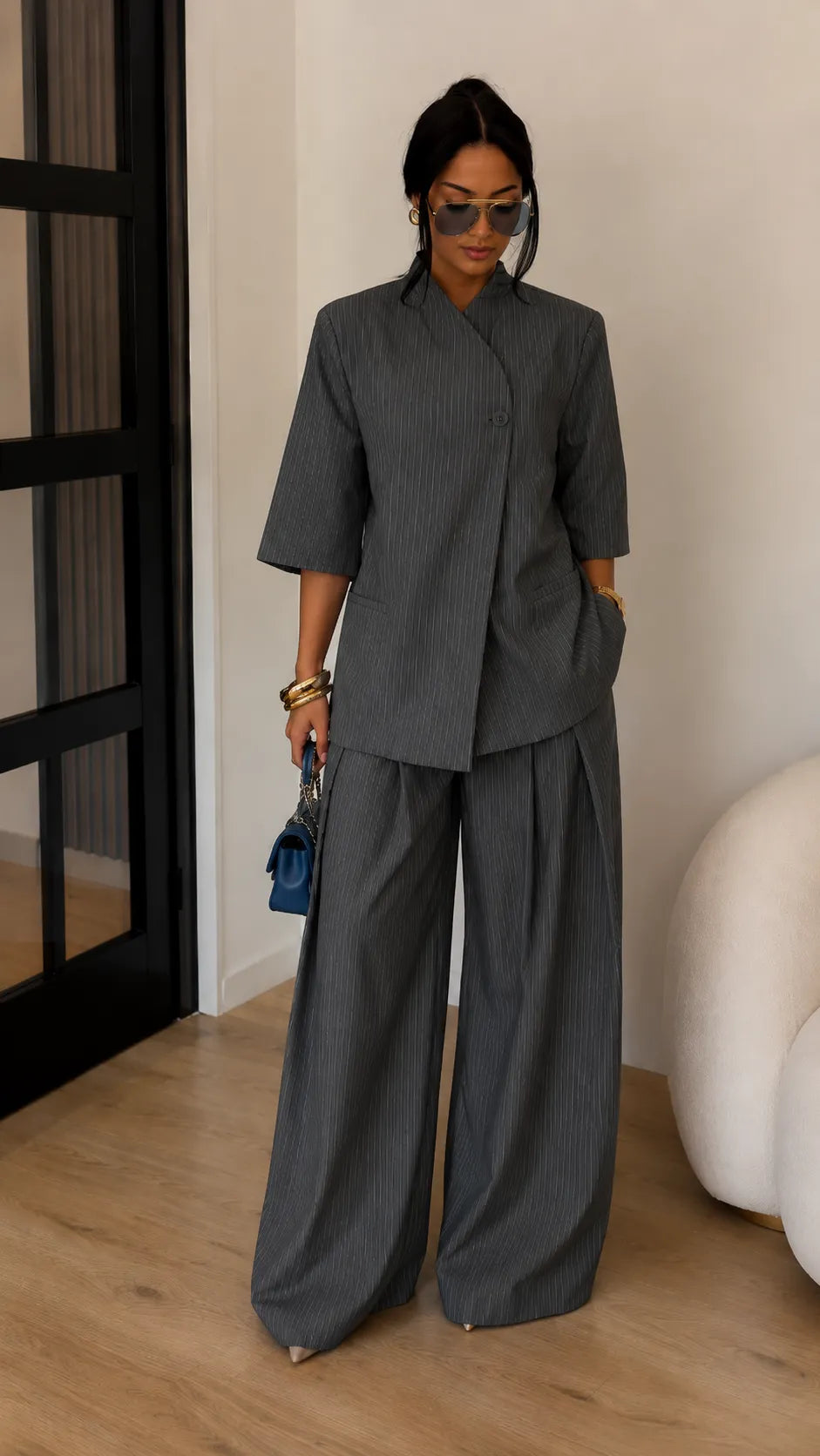Minimalist Cross-Front Blazer Set - Oversized Linen Blend Jacket & High-Waisted Wide Leg Pants Co-ord