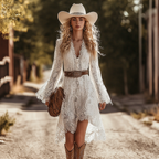 Retro Western V-neck Irregular Trumpet Sleeve Lace Midi Dress