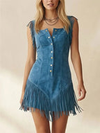 Suede Fringe Mini Dress With Button Front And Sleeveless Design