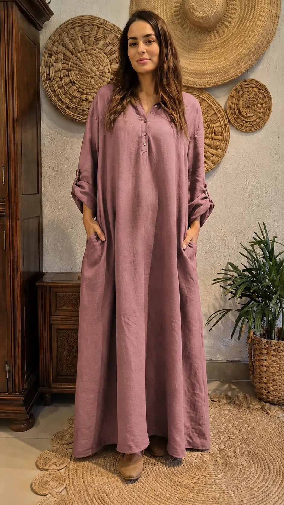 Boho Linen Blend Maxi Dress - Oversized Flowy Kaftan Style with Pockets & Button Detail