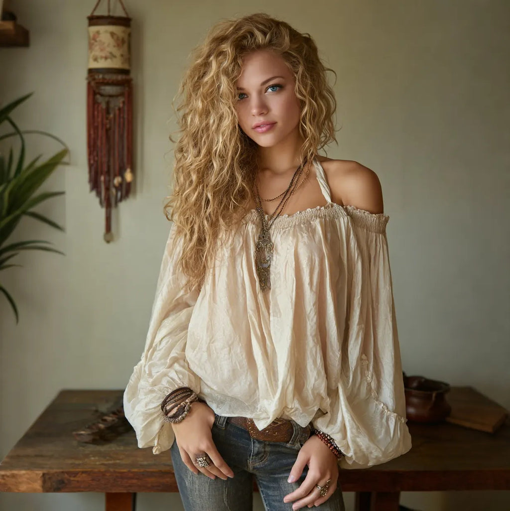Women's Elegant, Super Loose, Comfortable Off-shoulder Halter Neck T-shirt, Long-sleeved Top