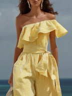 Tropical Beach Yellow Stripe Linen Blend Off Shoulder Ruffle Tie Waist Wide Leg Jumpsuit