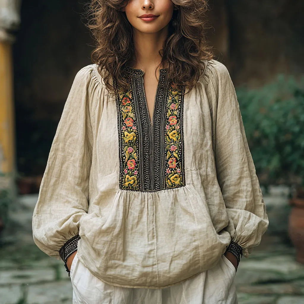 Bohemian Women's Linen Print Casual Long Sleeve Top