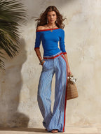 Retro Color-blocked One-shoulder Top And Striped Wide-leg Pants Set