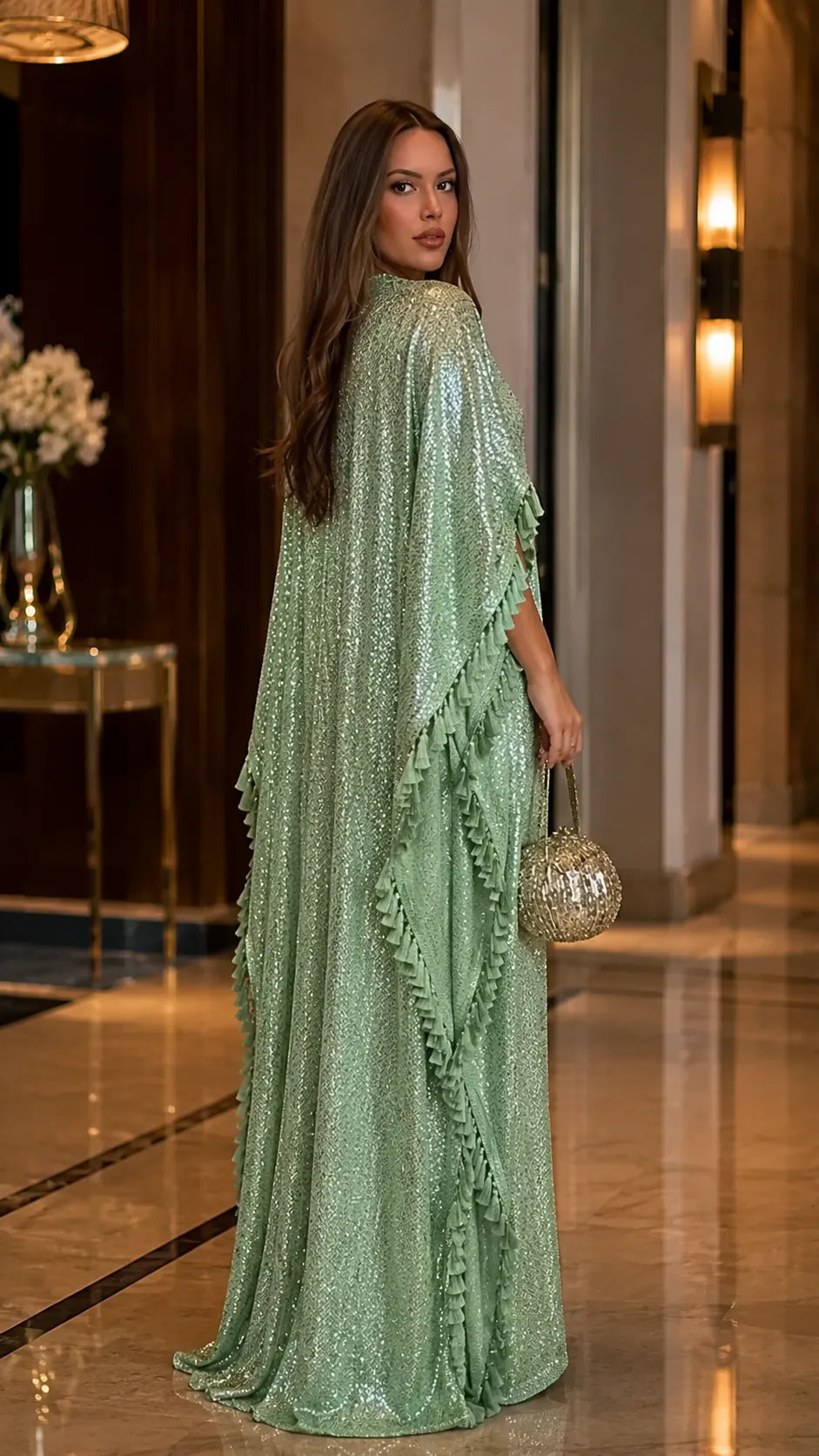 Sequin Evening Gown with Dramatic Ruffled Cape Sleeves - Deep V-Neck Mermaid Maxi Dress