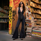Navy Blue 1970s Denim Collar Belted Flared Jumpsuit