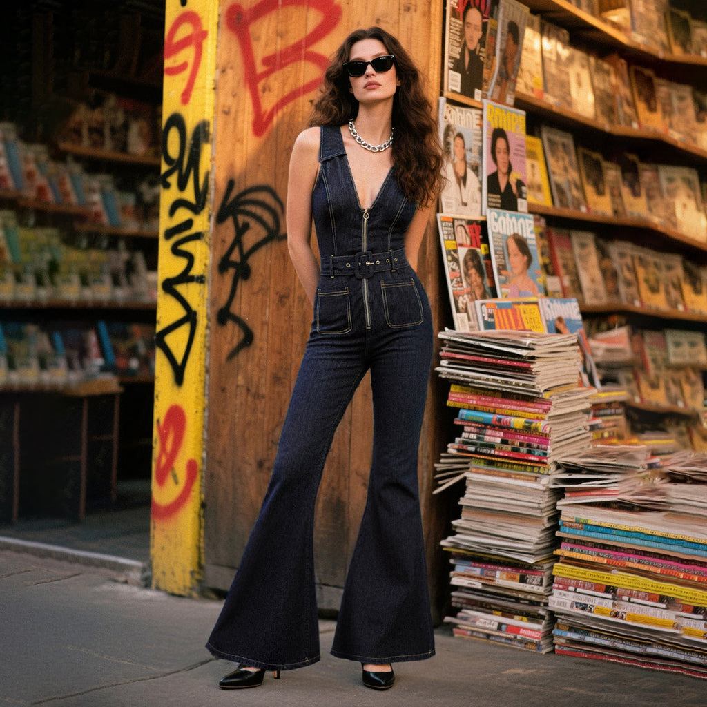 Navy Blue 1970s Denim Collar Belted Flared Jumpsuit