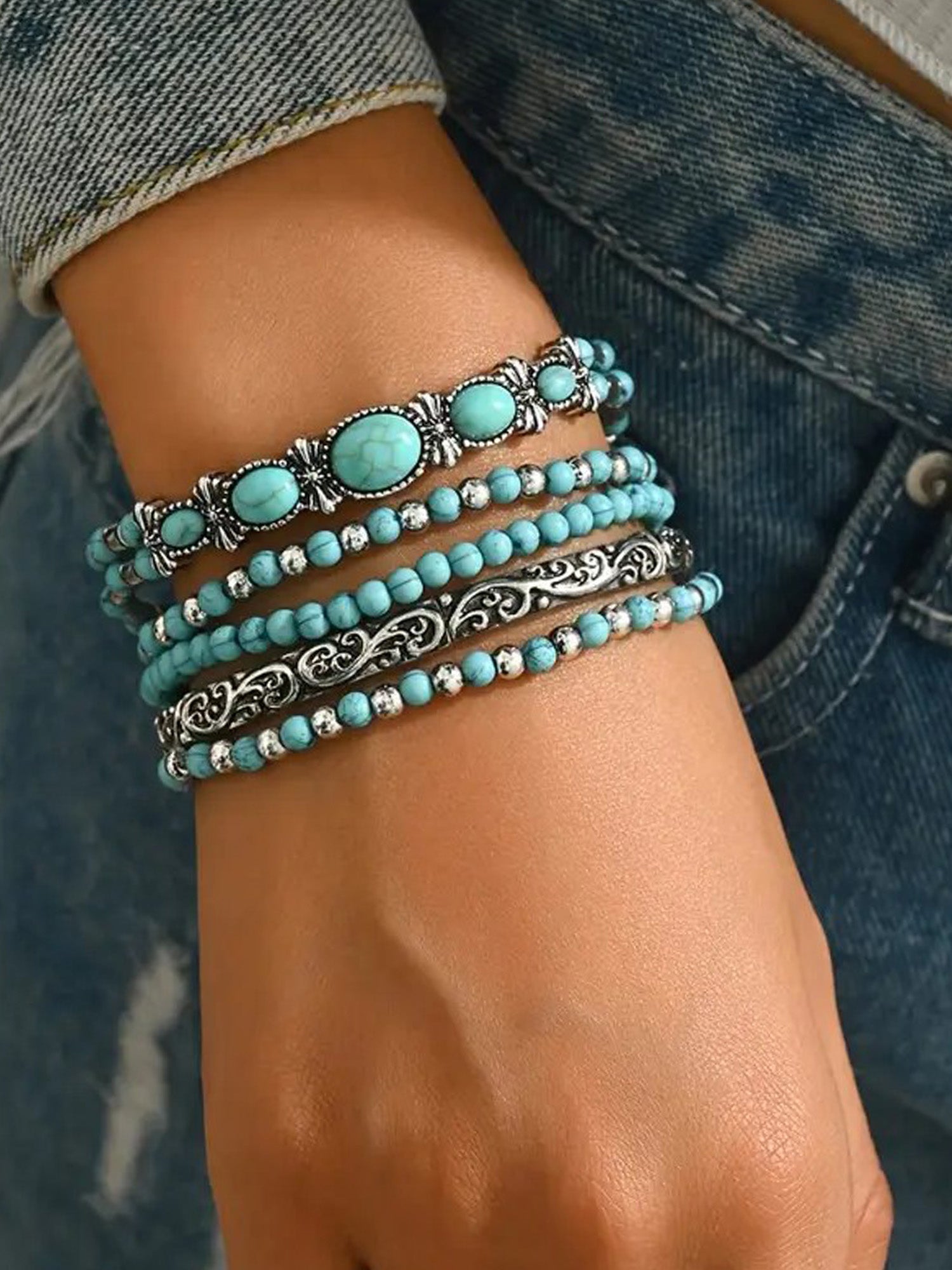 Ideal For Music Festivals — Vintage Silver & Turquoise Multi-Layer Beaded Stack & Heavy Sculpted Metal Detailing Premium Lightweight Alloy Boho Chic Bracelet Set