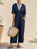 Old Money Faux-Layered Collar And Short Sleeves Navy Wide-Leg Jumpsuit